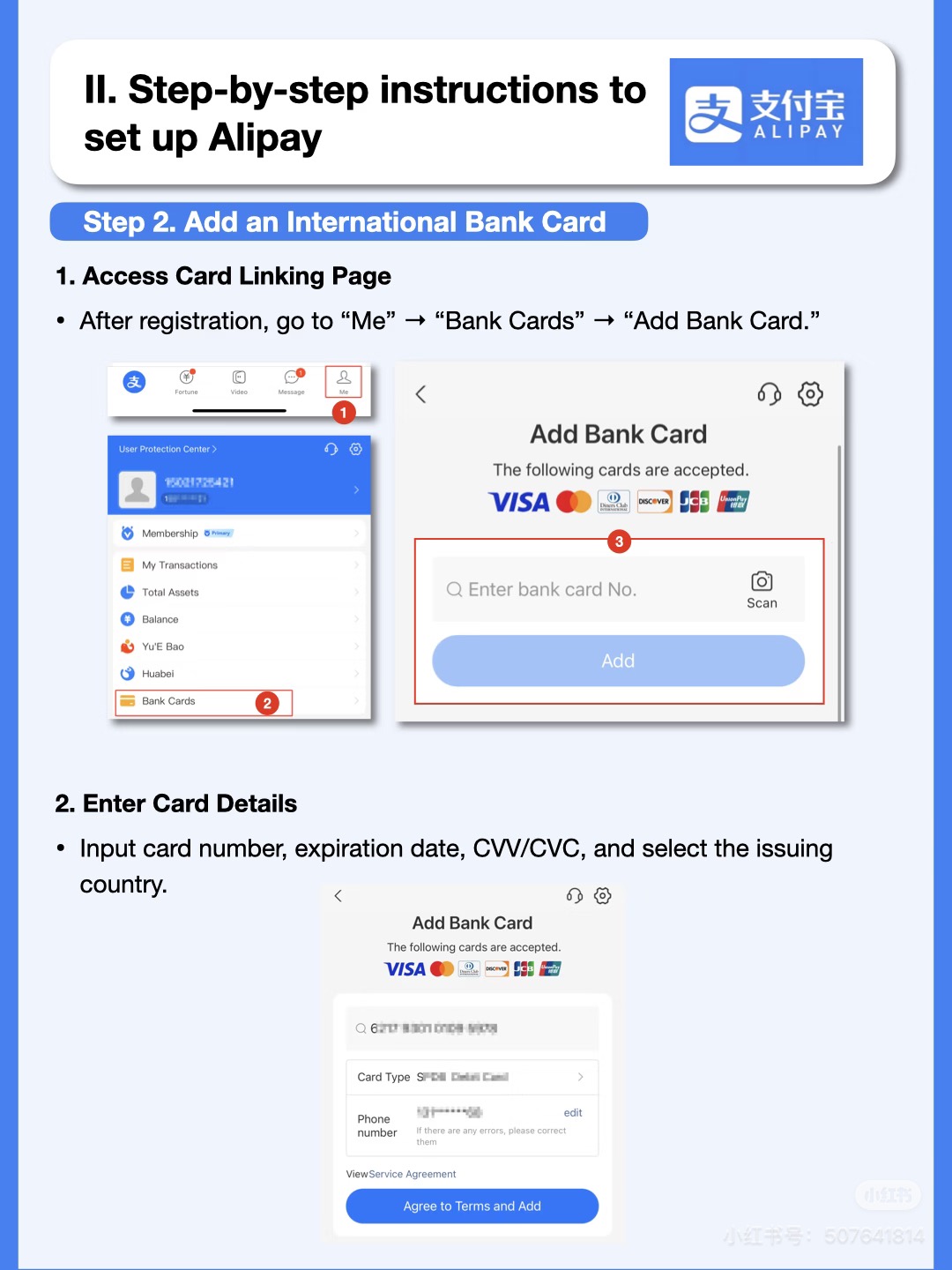 Alipay Add Bank Card — accepts Visa Mastercard Discover JCB