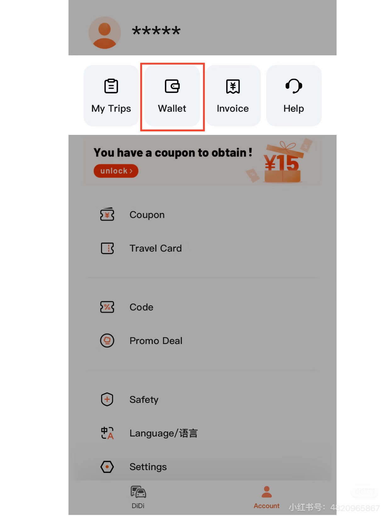DiDi Account screen — Language setting to switch to English