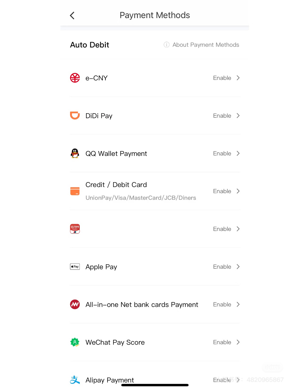 DiDi payment methods — Credit/Debit Card, Alipay, Apple Pay