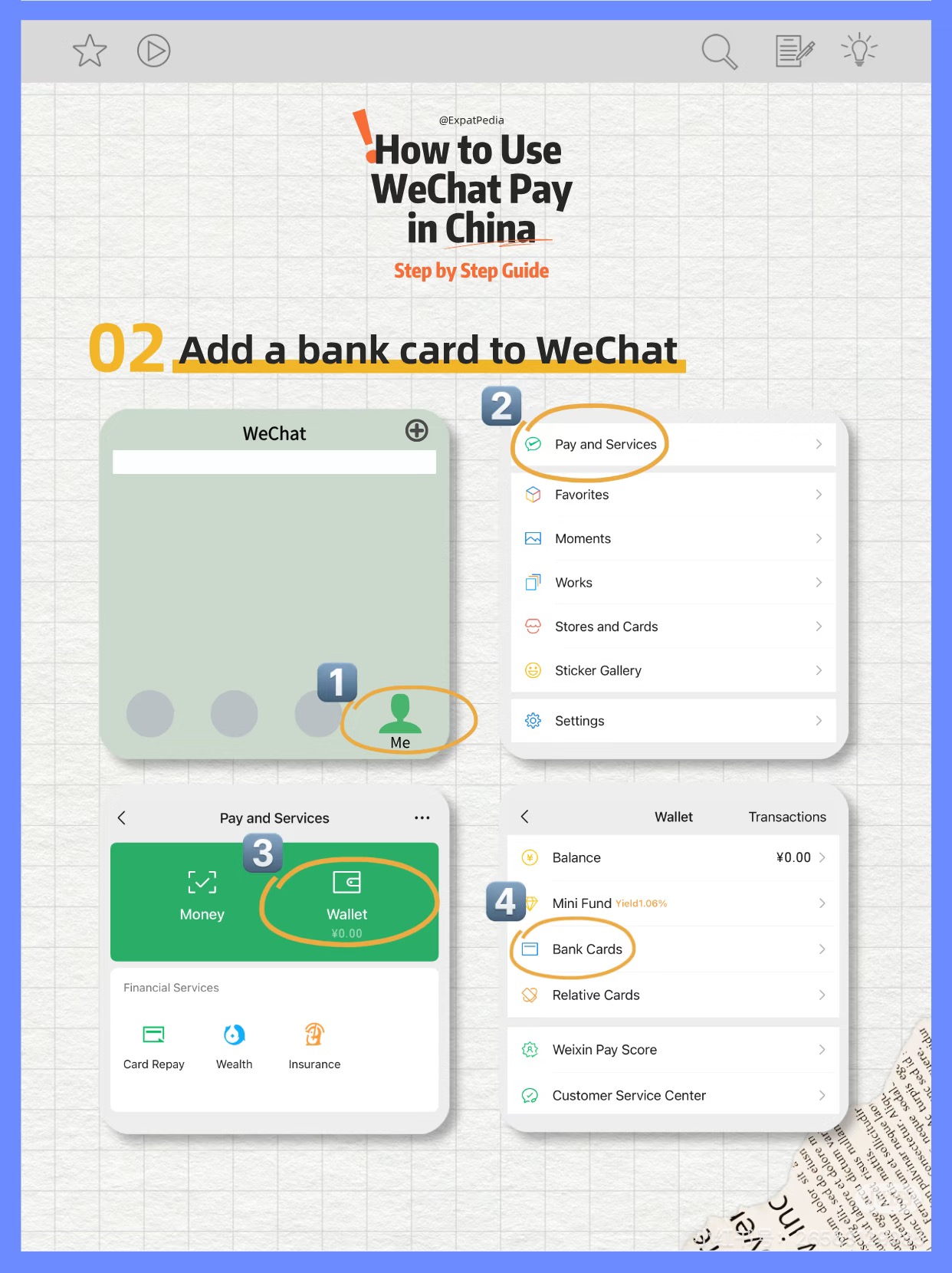 WeChat Pay navigation: Me → Pay and Services → Wallet → Bank Cards